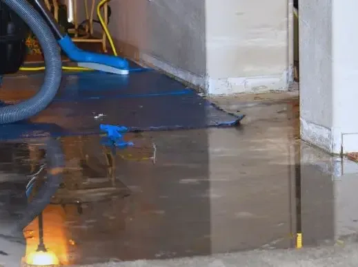 An extraction hose lying in standing water along a wall after a leak