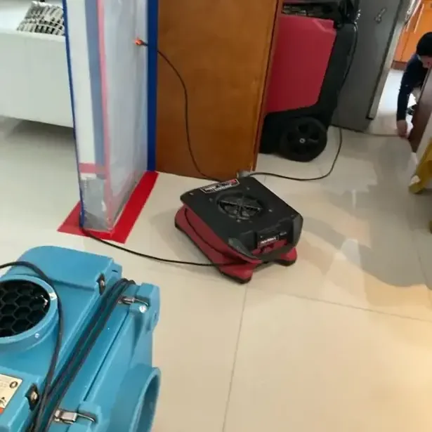 Containment sheeting with a zip door, an air scrubber and a dehumidifier set up inside a house during drying