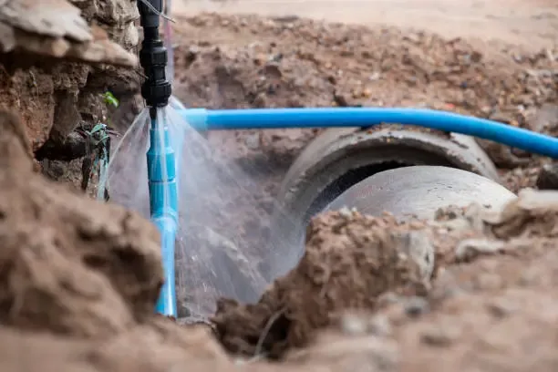 A broken blue supply pipe spraying water inside an open trench