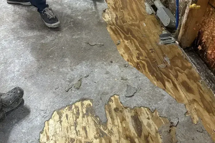 Flooring lifted to expose water sitting on the concrete slab beneath it